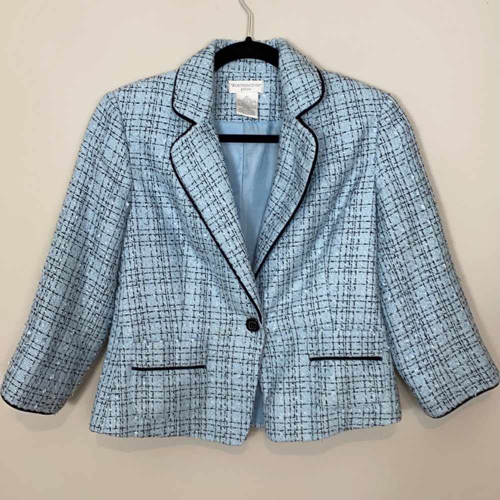 Worthington Blue Black Tweed Crop Preppy Classy Blazer Jacket